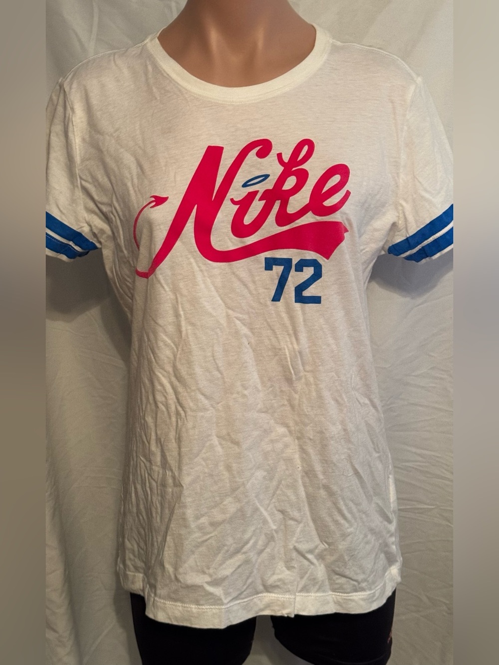 Nike Retro Script Devil & Angel 72 White Raglan Tee with Pink & Turquoise Logo